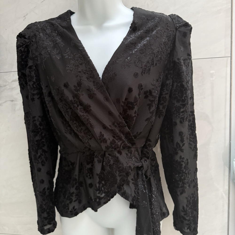 Black Velvet Burnout Floral Wrap Top S Elastic Waist Party Blouse Dark Feminine